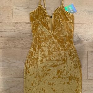 Yellow velvet deep v dress